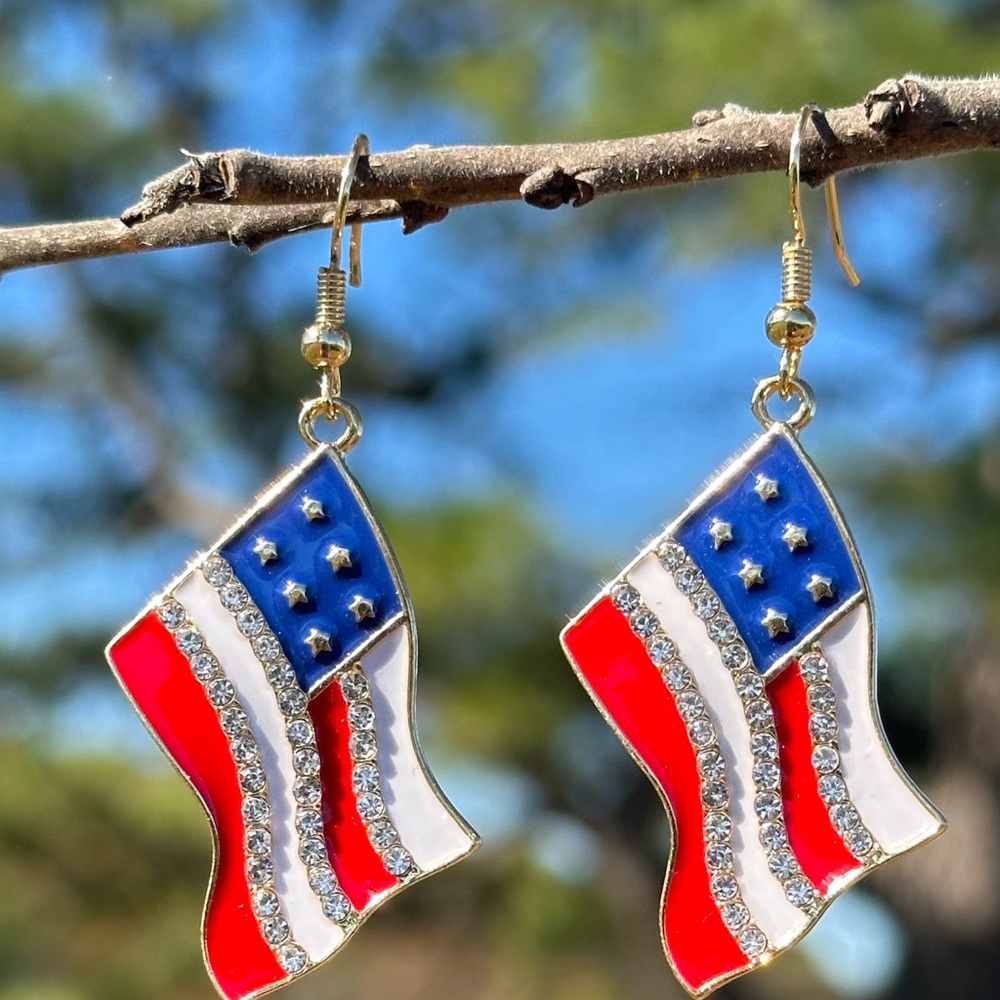American Flag Patriotic Earrings, Rhinestone Detail, New